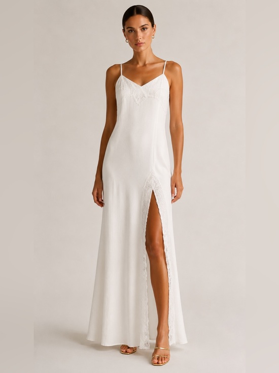 Fame and Partners Dresses & Skirts - Fame and Partners white lace trim spaghetti strap slip cut gown front slit  8
